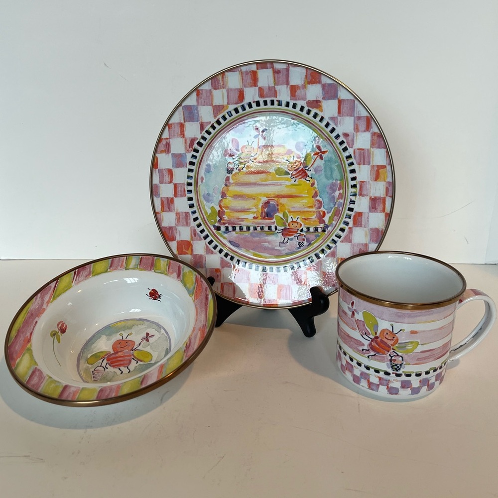 Vintage MacKenzie-Childs Queen Bee Enamelware Child's Dinner Set 3 Piece